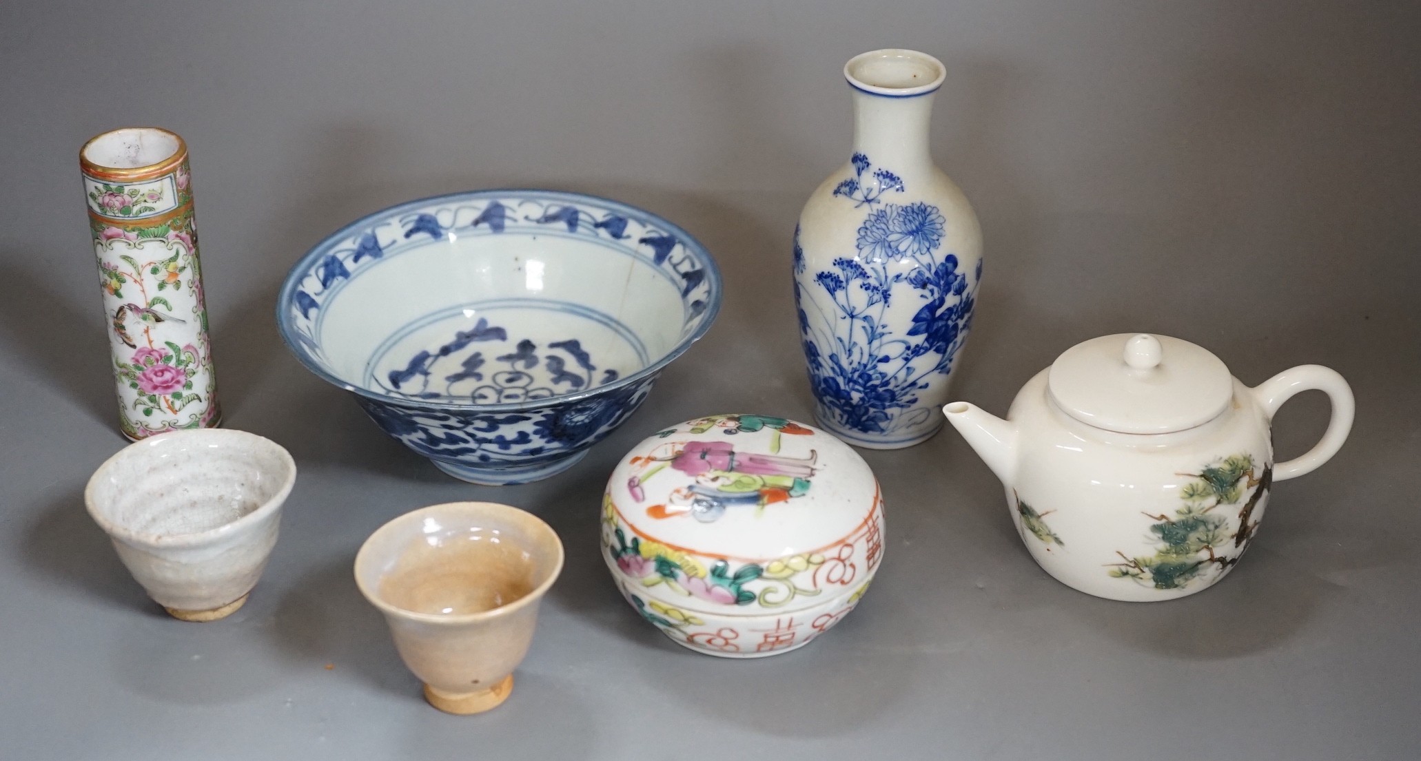 A group of Chinese and Japanese ceramics, the tallest vase 13.8cm